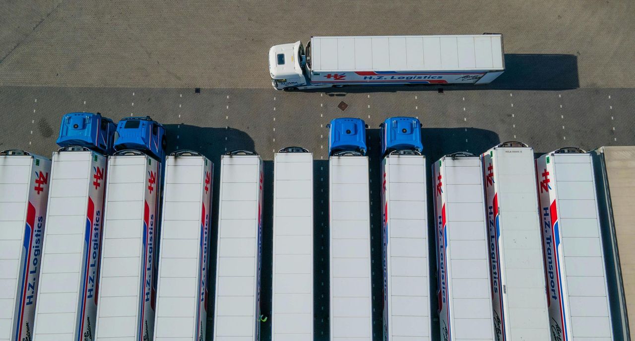Aerial view of a commercial truck fleet