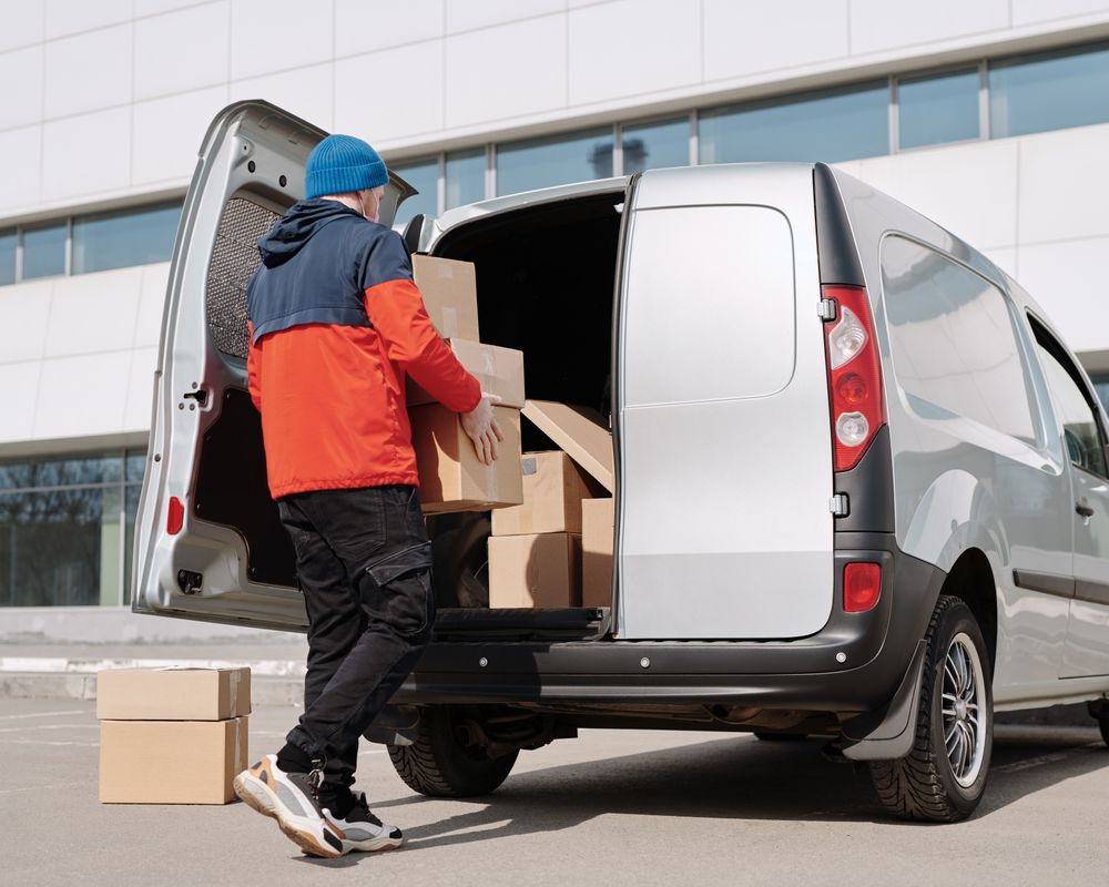 Worker loading boxes into a commercial cargo van